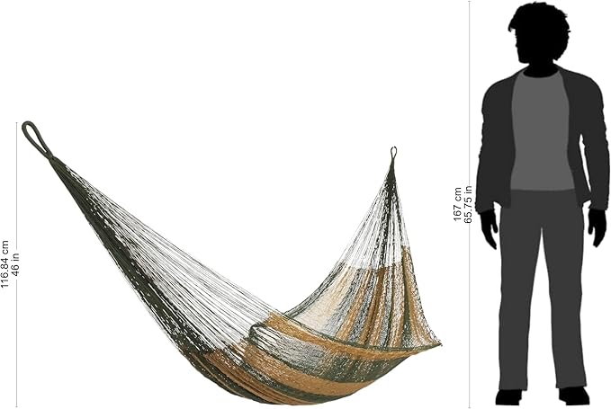 NOVICA Earthtone Olive Green Brown Striped Hand Woven Nylon Mayan 1 Person Rope Hammock with Hanging Accessories, 'Mossy Mountain'