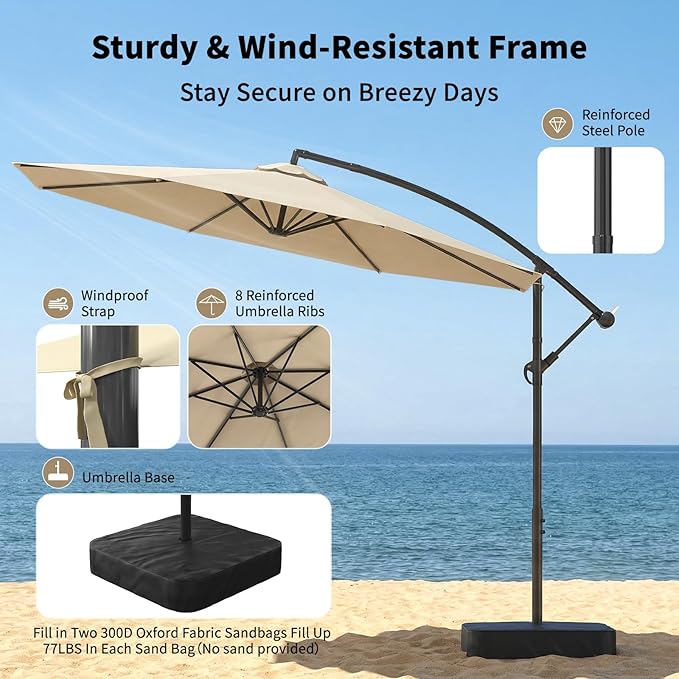 10ft Cantilever Offset Patio Umbrella with Base, Large Outdoor Patio Umbrella, 360° Rotation & Easy Tilt Adjustment, UV Protection Waterproof Patio Umbrellas for Backyard, Garden, Patio, Deck, Pool