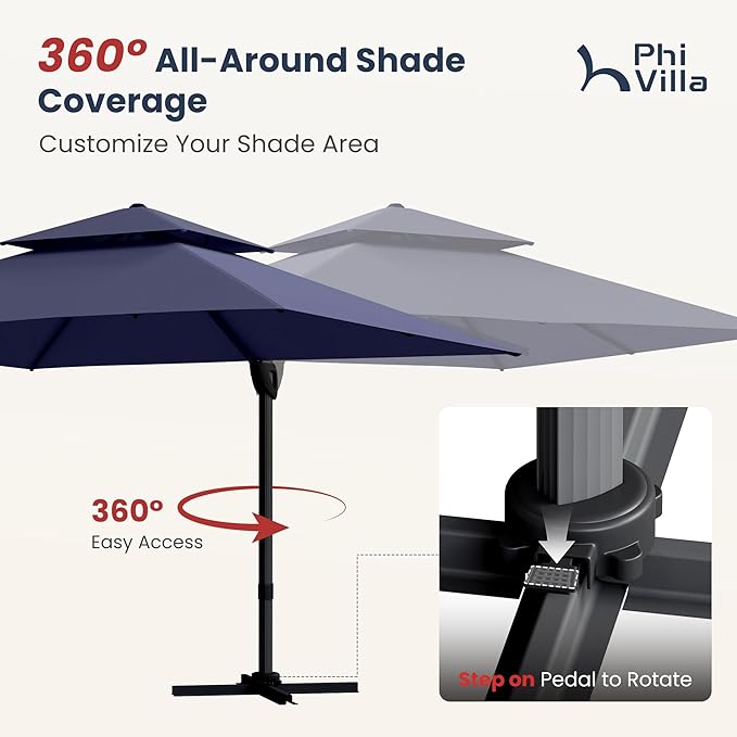 PHI VILLA 9' x 12' Rectangular Cantilever Patio Umbrella with Hydraulic Lift & 360° Rotation – Heavy Duty Windproof Offset Umbrella for Pool, Deck or Garden, Navy Blue
