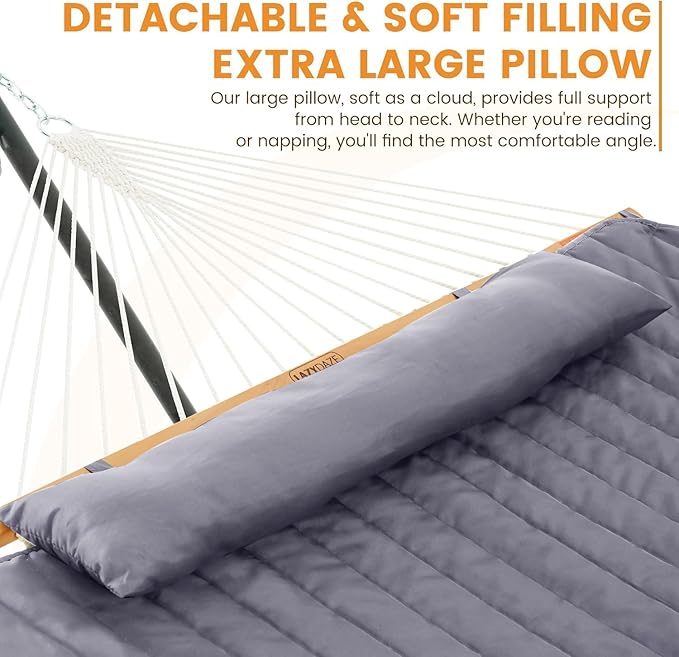 Lazy Daze Hammocks 2 Person Hammock Pad and Pillow Set, Double Polyester Quilted 78" x55" Replacement Pad for Rope Hammock, Grey