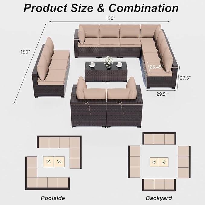 ALAULM Patio Furniture Set with Coffee Table, 14 Pieces Outdoor Sectional with Wide Seat and Thick Cushion, All Weather Wicker Rattan Conversation Set for Backyard, Garden, Deck, Sand