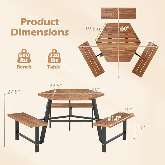 Giantex Picnic Table Bench Set for 6, Acacia Wood Outdoor Dining Table Set with 3 Seats, 1.97" Umbrella Hole, 1720 LBS Capacity, Heavy Duty Metal Frame, for Front Porch Patio Lawn Garden