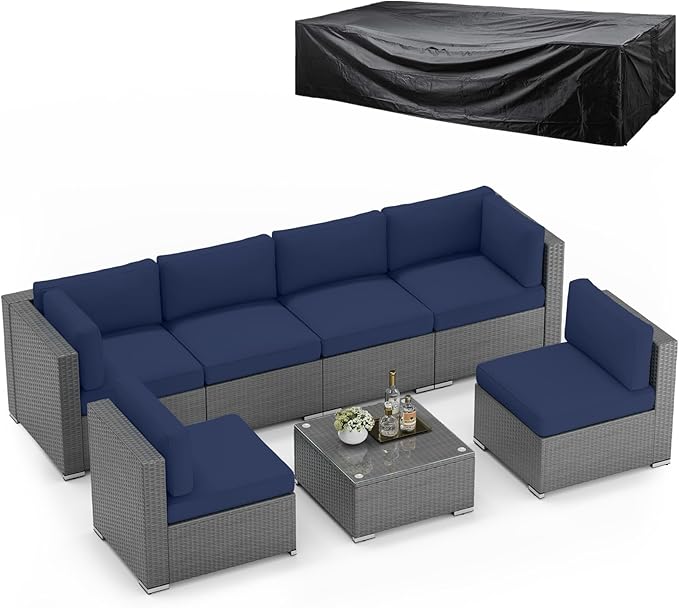 SUNCROWN Outdoor Patio Furniture Set 7 Piece Outdoor Sectional Sofa Grey Wicker Conversation Sofa Set with Coffee Table, Cushions and Waterproof Cover,Dark Blue