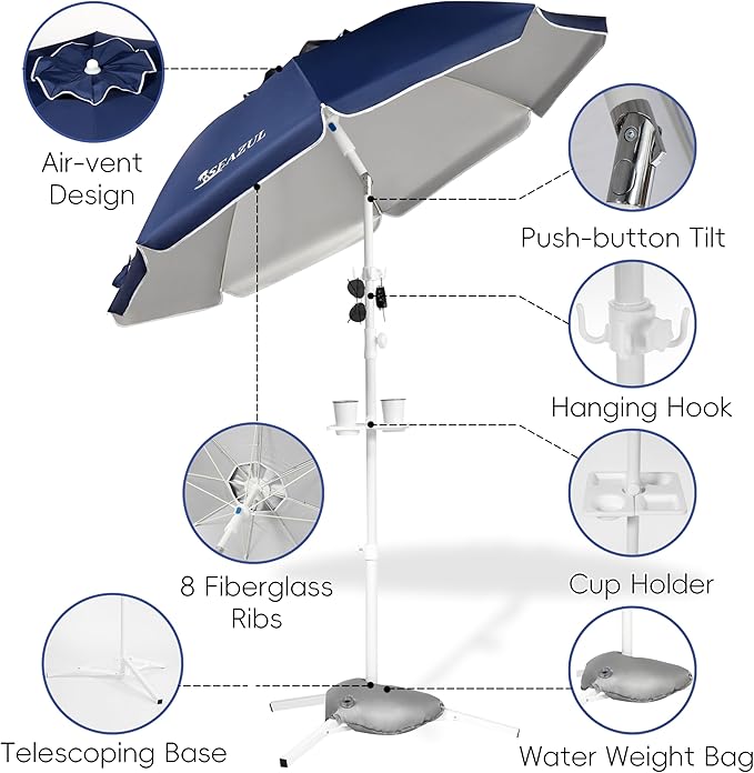 Seazul 6.5ft Sun Shade Umbrella, Portable Umbrella with Stand for Sports, Water Weight Bag, Adjustable and Lightweight, Sun Protection, Navy Blue