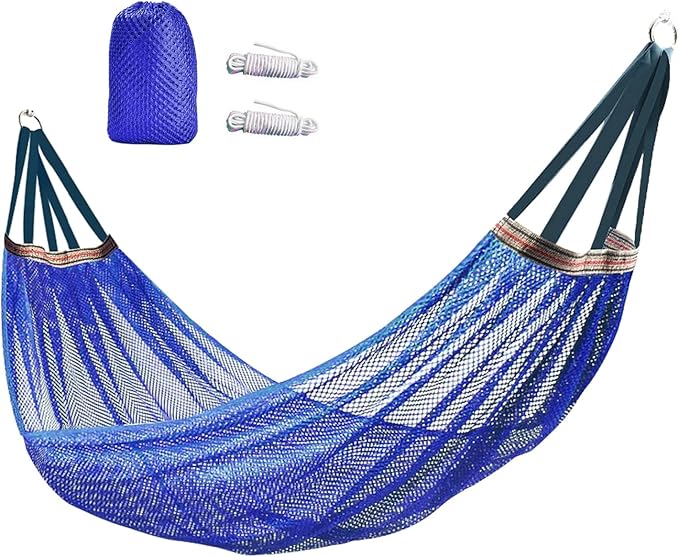 Portable Camping Hammock, Cool Ice Silk Mesh Hammocks with Tree Straps Carry Bag, Single Hanging Sturdy Hammock for Travel Patio Garden. Up to 550lbs. Blue