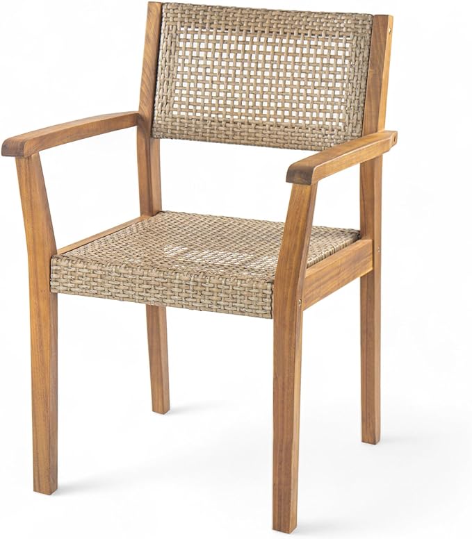 Christopher Knight Home Amaris Acacia Wood Patio Dining Set for 4, Solid Wood Outdoor Dining Table Set for 4, Round Dining Table and Chairs Set of 4, Teak+Light Brown