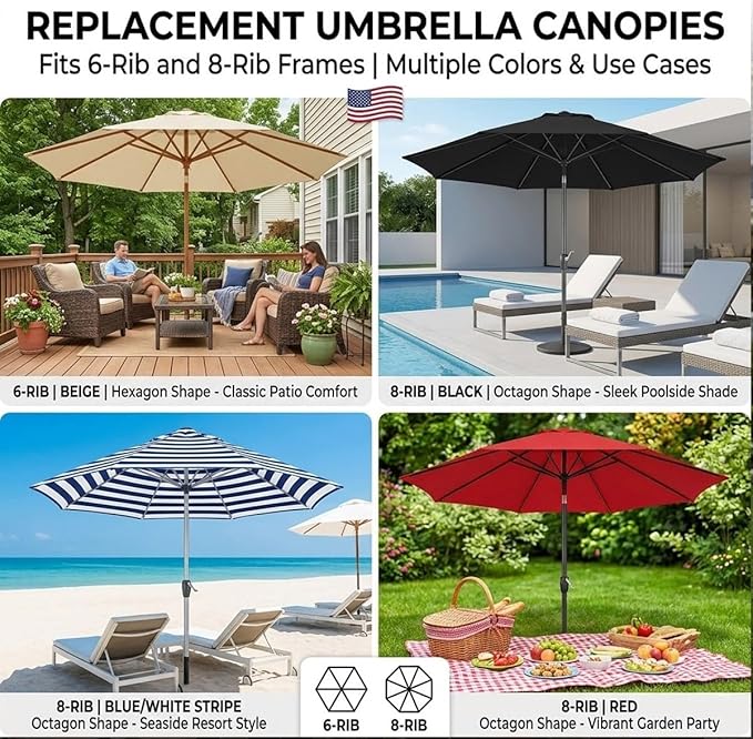 Patio Umbrella Replacement Canopy for 6/8 Ribs, Waterproof Outdoor Market Table Parasol Cover, 6.6ft 9 ft 10ft 13ft Umbrella Replacement Top Cover, Canopy Only