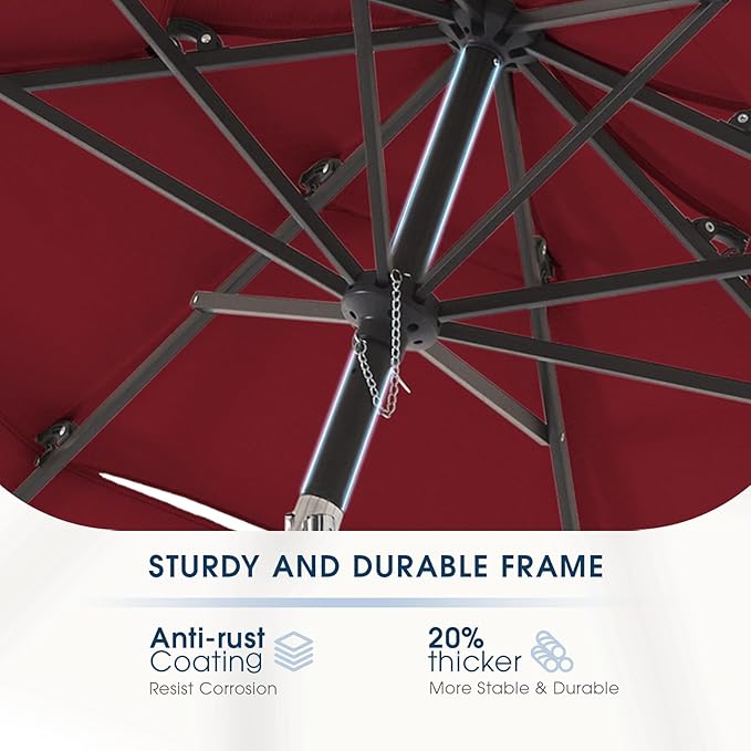 BLUU MAPLE 9FT Olefin Patio Umbrella Outdoor Table Umbrellas, 36 Month Fade Resistance Olefin Canopy, Market Center Umbrellas with 8 Strudy Ribs & Push Button Tilt for Garden, Lawn & Pool, Burgundy red