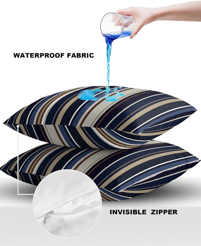 Outdoor Waterproof Pillow Covers for Patio Simple Stripe Decorative Throw Pillow Cover Blue And Brown Geometric Pattern Pillowcases Set of 2 Cushion Case for Sofa Couch Chair Home Decor 26x26 inch
