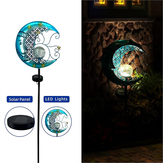 Solar Moon Lights Outdoor Garden Decorative Lights Waterproof Crackle Glass Globe Metal Stake Yard Decorations for Lawn Patio Backyard Ornaments Gifts for Birthday,Mothers Day Grandma (1pc)