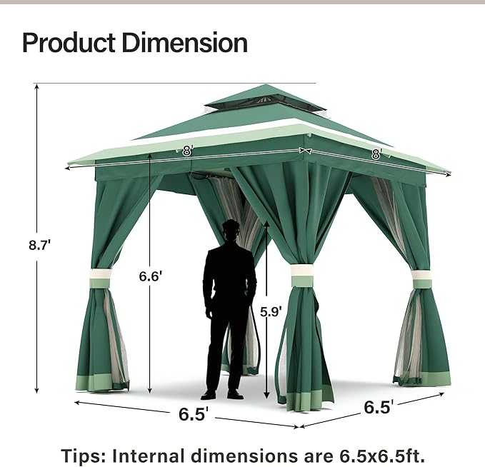 LAUSAINT HOME Patio Gazebo 8'x8', Outdoor Heavy Duty Party Tent Shelter with Double Roofs, Mosquito Nettings and Privacy Screens for Backyard, Garden, Lawn, Forest Green