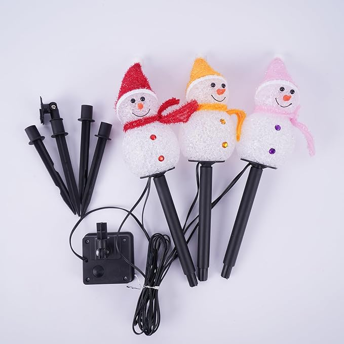 Solar Christmas Pathway Lights Outdoor Decorations, Set of 3 LED Snowman Stake Lights, Waterproof Walkway Landscape Light for Yard, Garden, Winter Decor (Red/Pink/Yellow Snowman, 3-Pack)