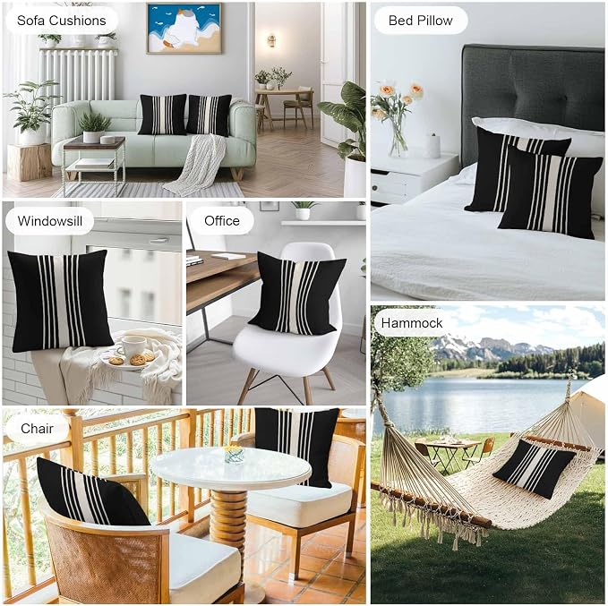 Vandarllin Outdoor Throw Pillows Covers 16x16 inch Set of 2 Waterproof Black Stripes Decorative Zippered Cushion Covers for Patio Furniture, Classic Striped Linen Lumbar Pillowcases