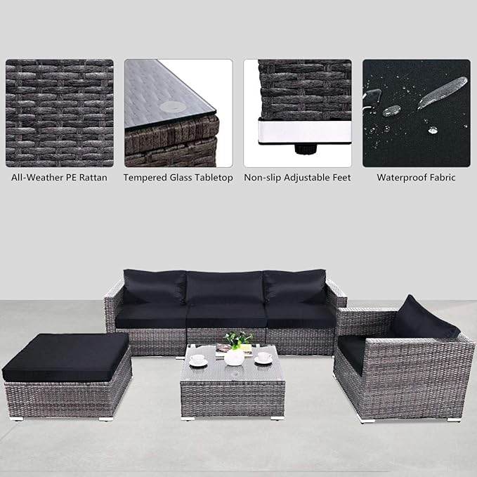 Tangkula 6PC Patio Furniture Set Outdoor Garden Backyard Poolside All Weather PE Rattan Wicker Steel Frame Sectional Cushioned Seat Sofa Conversation Set (Grey)