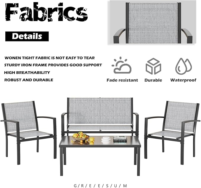 Greesum 4 Pieces Patio Furniture Set, Outdoor Conversation Sets for Patio, Lawn, Garden, Poolside with A Glass Coffee Table, Gray