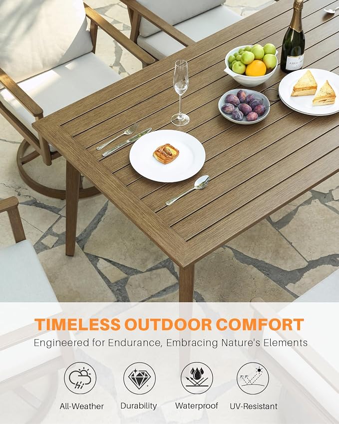 Never Rusts Outdoor Patio Dining Table for 6, 63.8"x34.8" Outdoor Aluminum Dining Table with Umbrella Hole, 6 Person Patio Furniture Dining Table for Garden, Backyard, Porch, Teak