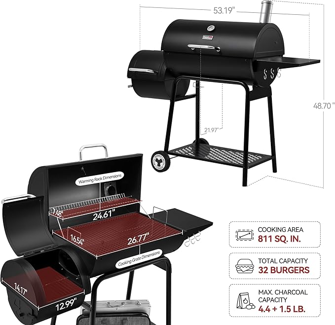 Royal Gourmet CC1830M 30 Inch Barrel Charcoal Grill with Offset Smoker & Warming Rack, Outdoor BBQ Grill with 811 Sq. In. Grilling Space for Backyard, Patio and Parties, Black