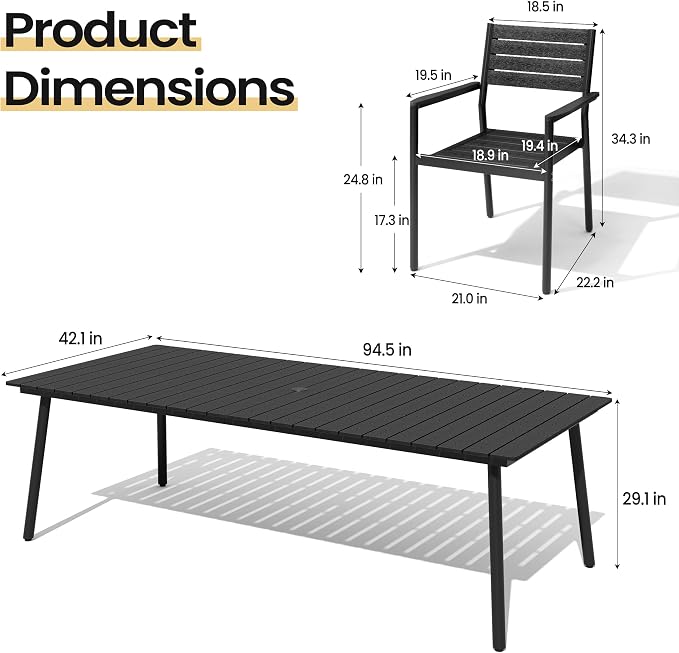 11-Piece Outdoor Dining Set for 10 Person with Black Wood-Grain Top | Armrest Stackable Chairs with 19.4" Seat Depth, Aluminum Frame Dining Furniture with Umbrella Hole for Deck, Porch & Backyard