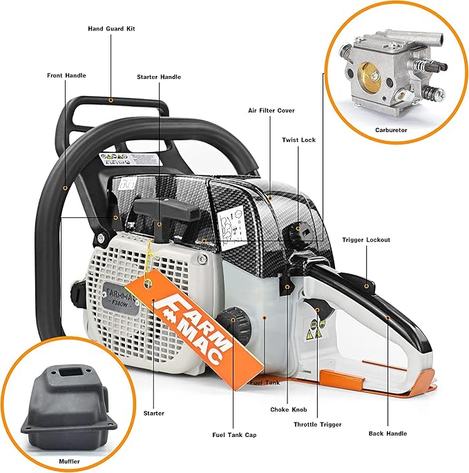 F380W Gas Chainsaw with 28 Inch Advance Bar, 72cc 2-Cycle Gasoline Power Chain Saws, 3.6KW 4.8HP for Professional Logging Work, Power Chain Saw All Parts Compatible with MS381 MS380 038