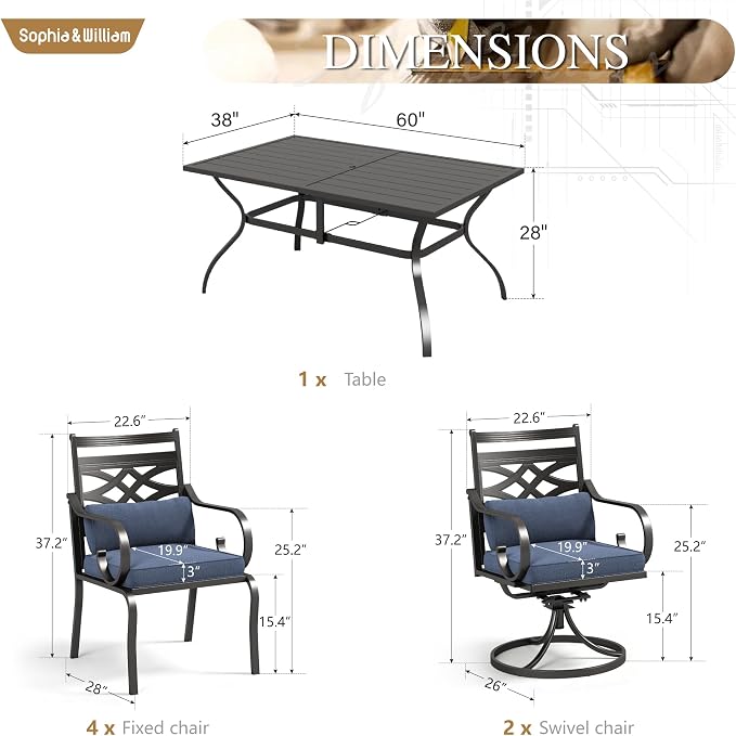 Sophia & William Patio Dining Set, Steel, Black | Umbrella Hole, Swivel Chairs, E-Coated, Cushions Included, For Patio, Garden and Yard