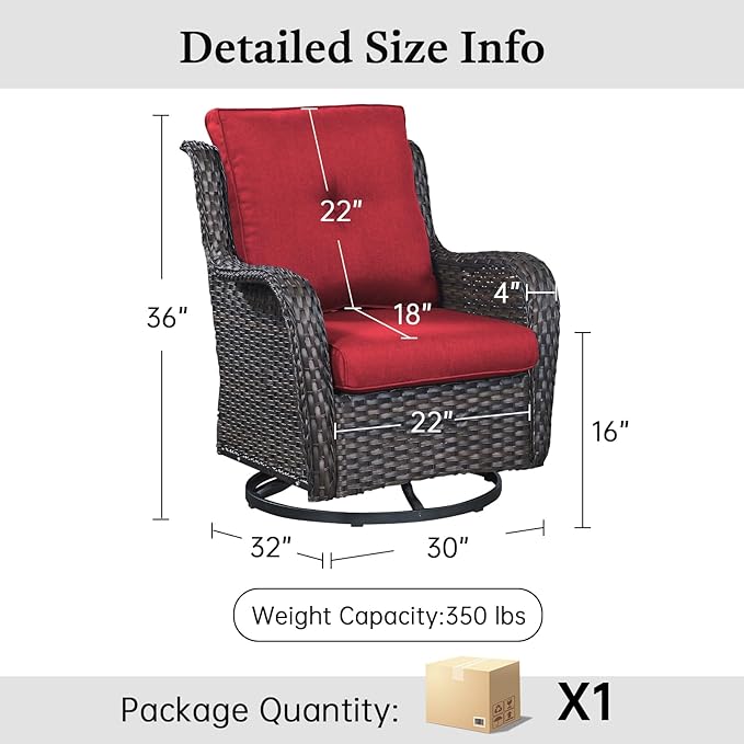 Outdoor Swivel Rocker Patio Chairs-Wicker Patio Swivel Chairs Set of 2 PE Rattan Patio Furniture for Porch Deck Balcony Garden-Brown/Red