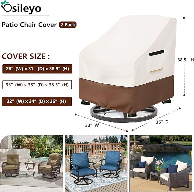 Patio Chair Covers 2 Pack,Swivel Lounge Chair Cover,Waterproof Heavy Duty Patio Furniture Covers for Outdoor Swivel Lounge Chair(33 W x 35 D x 38.5 H inches) Beige & Brown