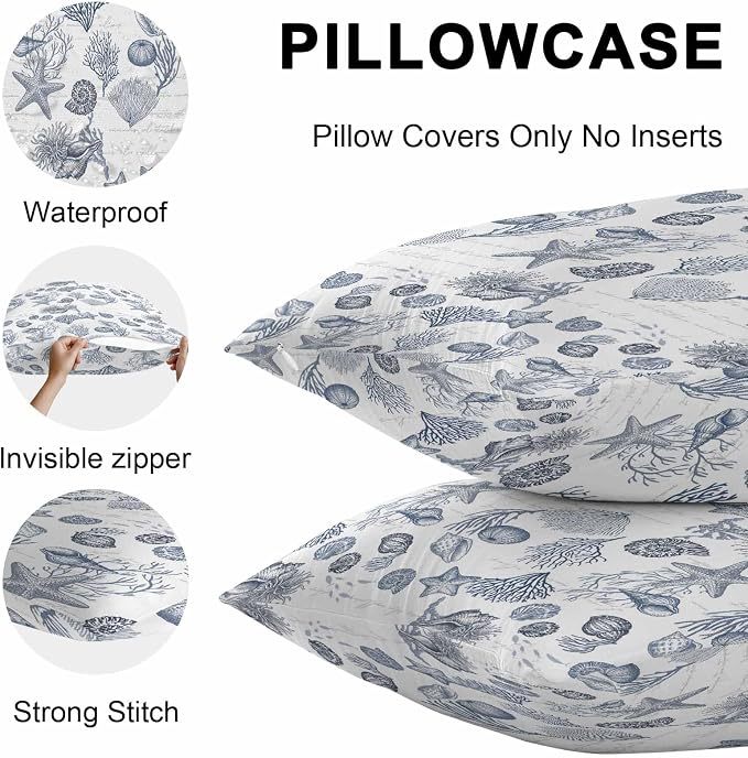 Waterproof Throw Pillow Covers for Couch Patio Living Room Furniture Garden Balcony, Ocean Sea Marine Life Coral Conch Navy Blue Rectangle Cushion Cases Home Decorations, 20 x 12 Inch Set of 2