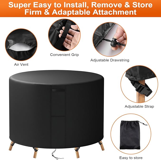 20"(D) x 30"(H) Round Outdoor Furniture Cover, Custom Heavy Duty 420D Waterproof Patio Furniture Cover with Drawstring & Buckles for Table Chair Garden, Black