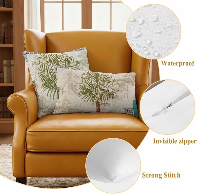 Vintage Palm Trees Waterproof Outdoor Pillow Covers 20''x12'' Set of 2, Beige Burlap Patio Furniture Summer Botanical Cushion Covers for Chairs, Decorative Tropical Pillow Cases for Garden/Pool/Beach