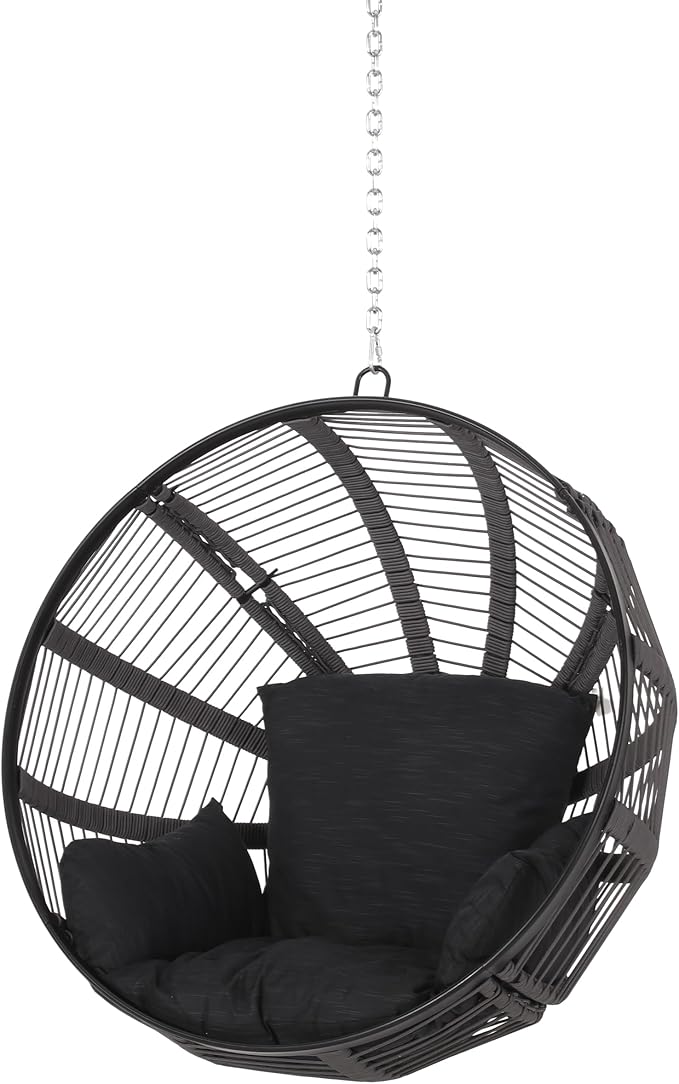 Christopher Knight Home Solis Patio Hanging Chair with 8ft Chain, Round Basket Shape, Rope Weave Hammock, Hanging Reading Sofa, Swing Chairs with Cushion 250lbs for Garden Balcony Yard, Black