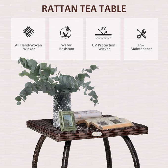 Outsunny Outdoor PE Wicker Side Table, Small Square Rattan End Table, All-Weather Material Coffee Table for Garden, Balcony, Backyard, Brown