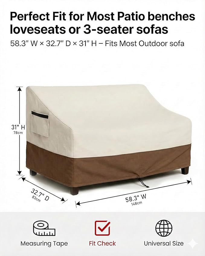Outdoor Sofa Cover, Waterproof Patio Furniture Cover 58.3W x 32.7D x 31H inches Heavy Duty 600D Oxford Fabric Beige and Brown
