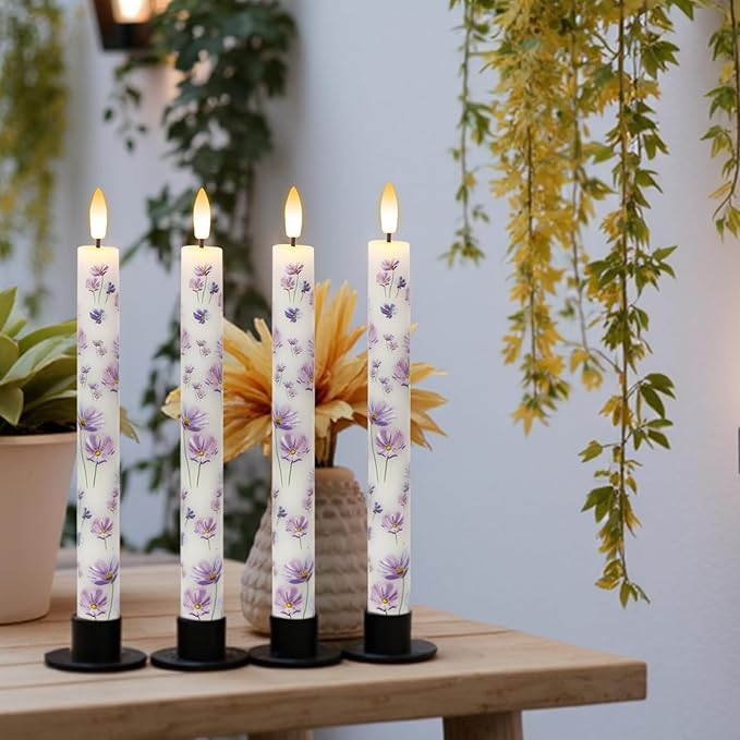 Wondise Flameless Flickering Candles with Remote and Timer, 4 Pack Real Wax Battery Operated LED Taper Candles 3D Wick Purple Flower Decal for Dinner Wedding Spring Home Decor(0.78" D x 9.64" H)