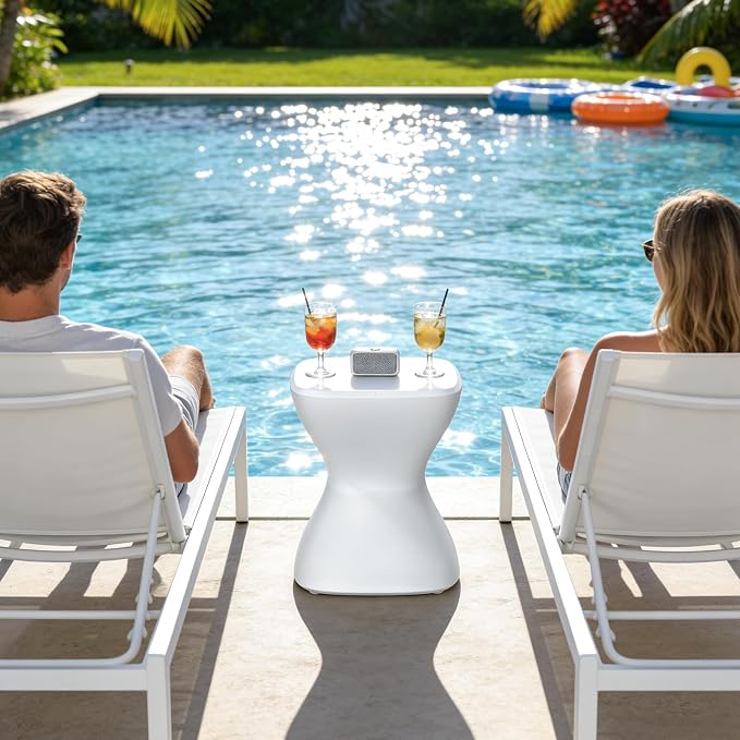 Multi-Scene Outdoor Side Table - 18" Polyethylene Pool Side Table, Pre-Weighted & Adjustable Feet for Stability in Pool, on Patio or Deck -All-Weather Pool Furniture, White
