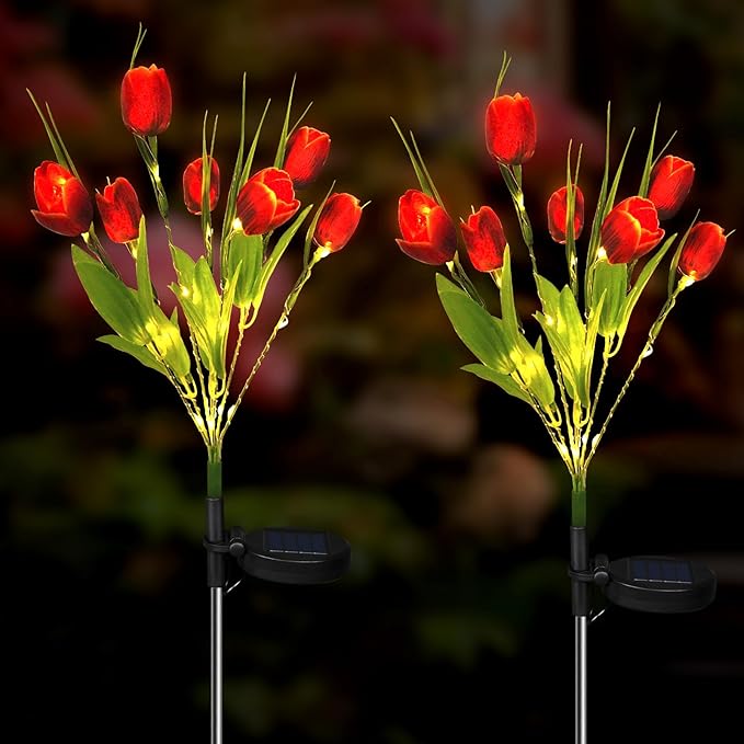 Aolyty Solar Garden Lights Outdoor, Solar Tulip Lights 2 Pack with 14 Tulip Flowers, IP65 Waterproof LED Stake Light for Pathway Patio Yard Landscape Decorative (Red)