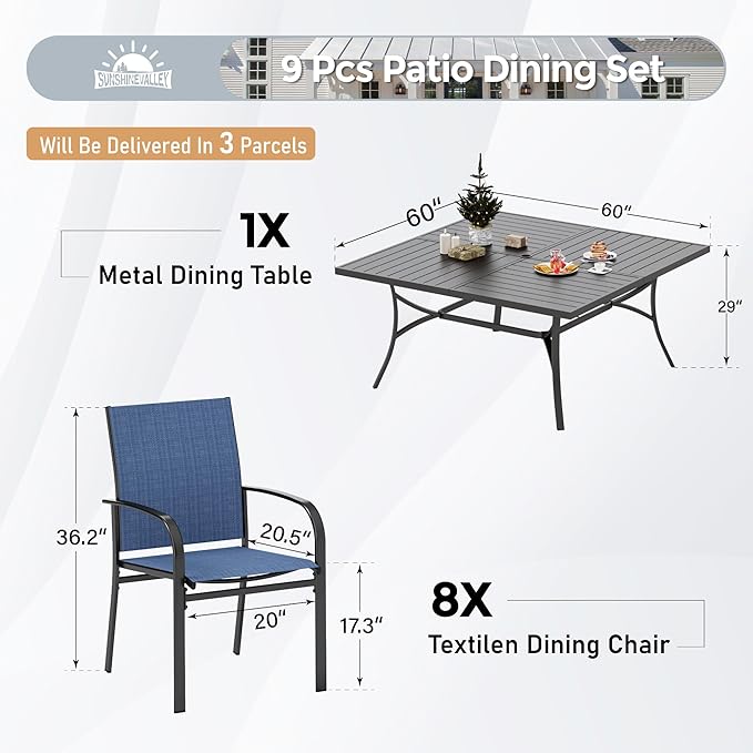 SUNSHINE VALLEY Patio Dining Set for 8, 60" x 60" Square Metal Table with Umbrella Hole, 8 x Stable Dining Chairs, Outdoor Table and Chairs Set for Lawn Backyard and Deck, Blue