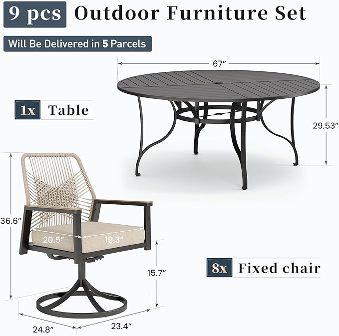 Patio Dining Set 9 Piece, 8 x Woven Rattan Swivel Chairs with Waterproof Cushion, 67" Round Metal Dining Table with Umbrella Hole, Outdoor Table and Chairs Set for Backyard Lawn and Deck, Beige