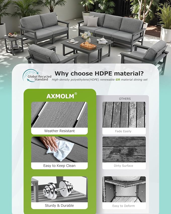 HDPE Outdoor Patio Furniture Set with Cushions, 9 Piece Patio Conversation Set Sofa Set,All Weather Outdoor Couch Set with Coffee Table for Lawn, Garden, Deck