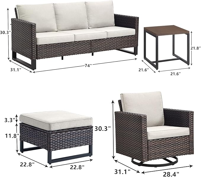 Rilyson Wicker Outdoor Patio Furniture Set - 6 Piece Patio Conversation Set with 2 Swivel Rocker Chairs,2 Rattan Ottoman,1 Couch and 1 Metal Side Table for Outside Porch Deck Backyard(Brown/Beige)