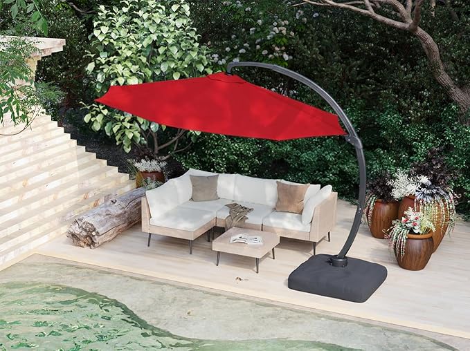 ENSTVER 11FT Cantilever Patio Umbrella With Base Included, Round Large Aluminum Outdoor Cantilever, Heavy Duty Offset Umbrella with 360°Rotation for Pool, Deck, Backyard, Garden(Red)