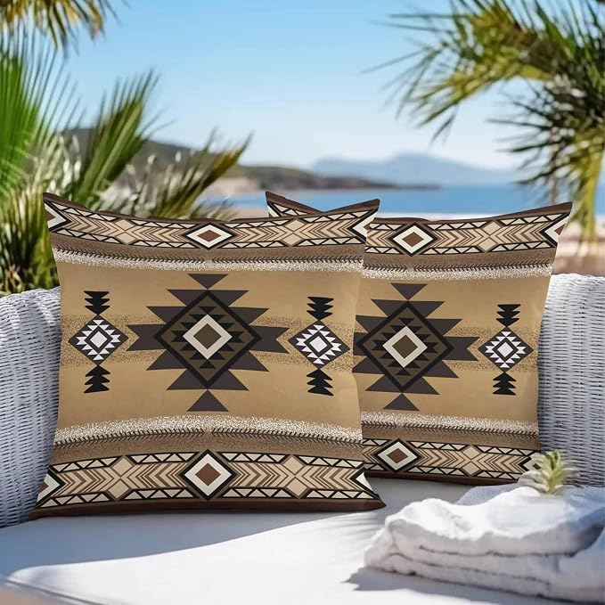 Vandarllin Outdoor Throw Pillows Covers 26x26 inch Set of 2 Waterproof Tribal Style Decorative Zippered Cushion Covers for Patio Furniture, Brown Southwest Native American Lumbar Pillowcases