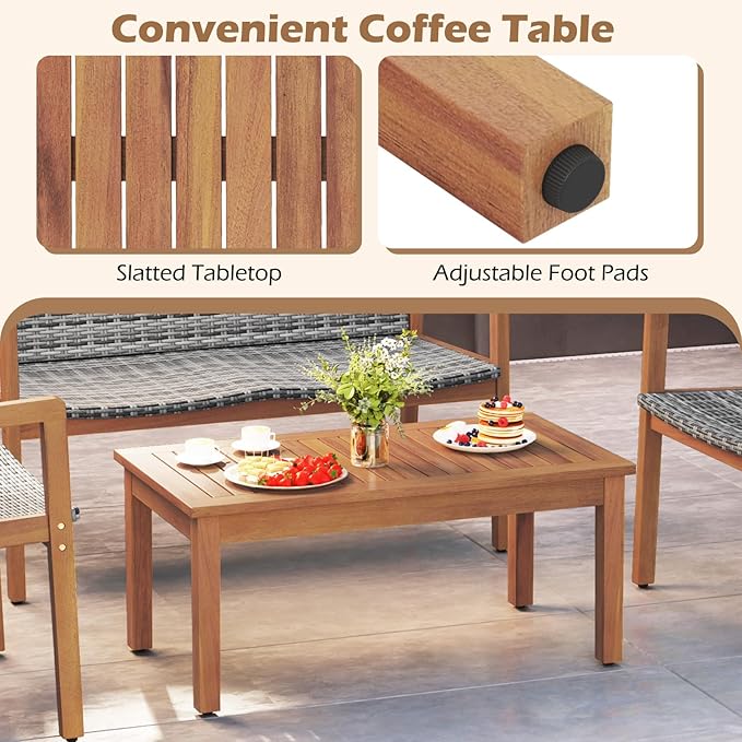 HAPPYGRILL 4-Piece Patio Furniture Set, PE Rattan Patio Bistro Set with Loveseat, Single Chairs & Coffee Table, Outdoor Acacia Wood Conversation Set for Garden, Backyard, Poolside & Porch