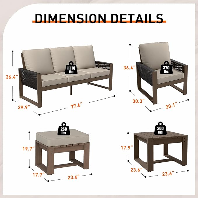 Rustic Hideaway Natural Cedar Wood Outdoor Furniture Set, Wicker Patio Conversation Set for Porch Garden Backyard, Couch, 2 Patio Chairs, Side Table and 2 Ottomans, 6 Piece, Brownish/Beige