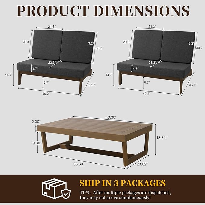 UIXE All Weather Wood Patio Furniture Sets, 3 Pieces Patio Loveseat Sofa Outdoor Sectional Futniture Backyard Conversation Set with Solid Wooden Coffee Table - Dark Gray