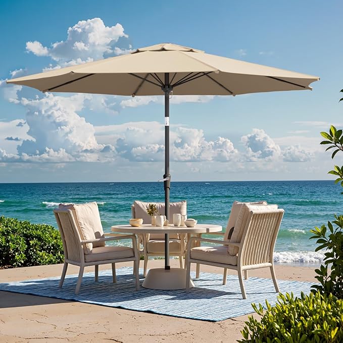 Outdoor Patio Umbrella with One Push Button Tilt and Crank, 8 Sturdy Ribs Market Table Umbrella