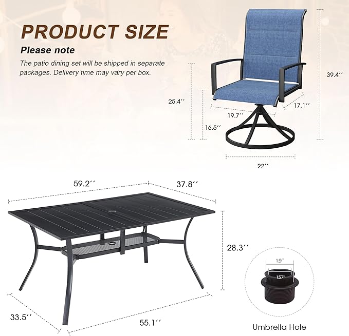 VICLLAX 7 Pieces Outdoor Dining Set, Patio Furniture Set Includes 59" Rectangular Metal Table W/ 1.9" Umbrella Hole and 6 Padded Textilene Swivel Chairs for Porch, Lawn, Garden, Backyard