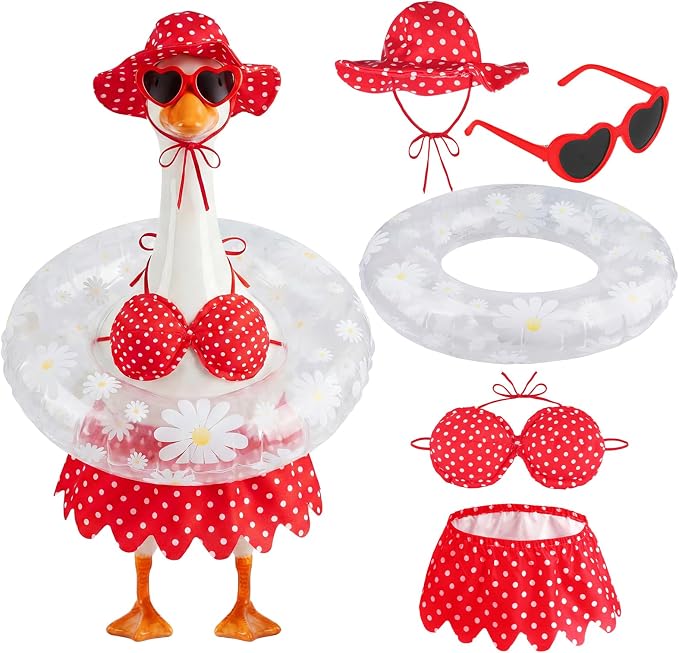 hoyuwak Bikini Goose Outfits Summer Hawaiian Porch Goose Outfits with Swimming Ring Sunglasses Hat for 23" Geese Yard Decor