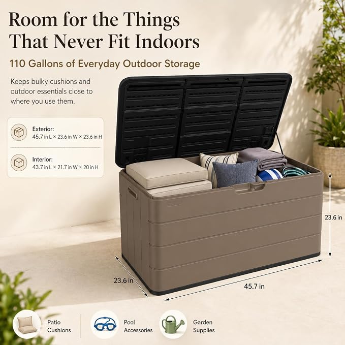 ADDOK 110 Gallon Outdoor Deck Box, Large Waterproof Resin Storage Box with Lid Support Rod, Lockable Lid and Side Handles, Patio Cushion Storage Bench for Poolside, Garden and Backyard, White