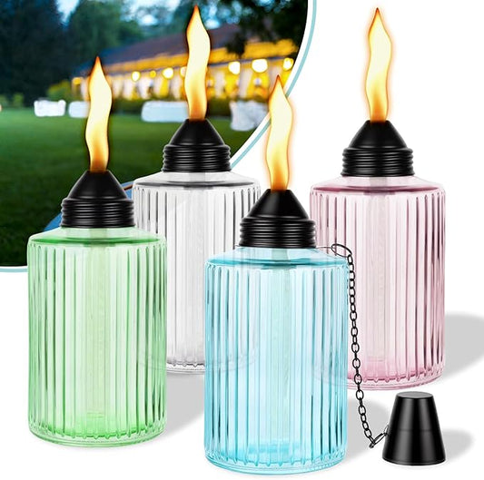 4 Pack Glass Table Top Torches, 12oz Citronella Outdoor Torches Flame Light Torch with Wick & Cap, Multicolor Refillable Flame Landscape Lanterns for Patio Yard Garden Party Decor