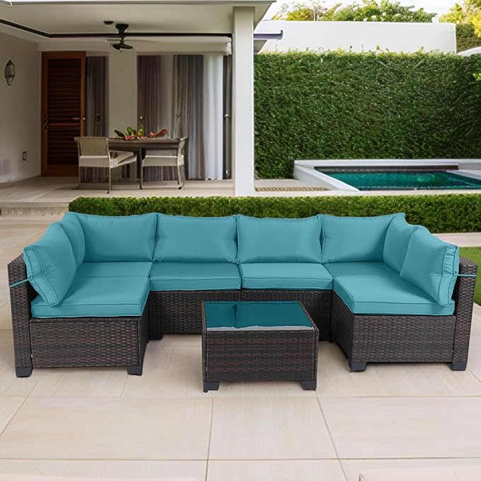 CHABATREE 7 Pieces Outdoor Patio Furniture Sets,Rattan Conversation Sectional Set,Manual Weaving Wicker Patio Sofa with Tea Table